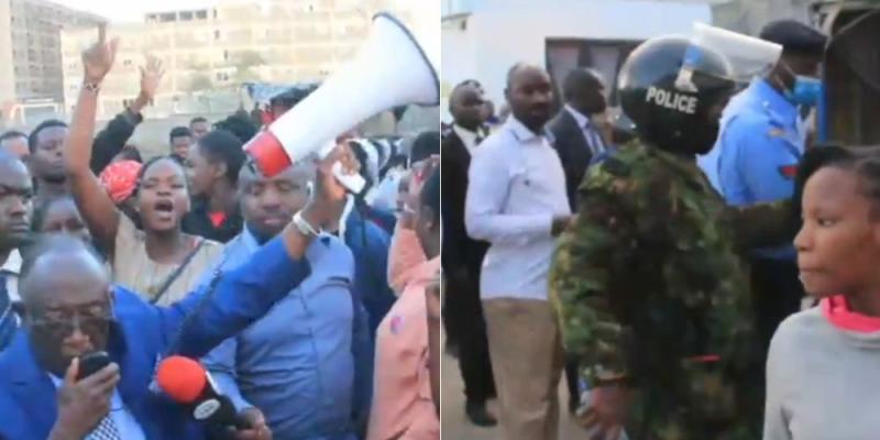 A collage of the scene outside a textile company in Athi-River.